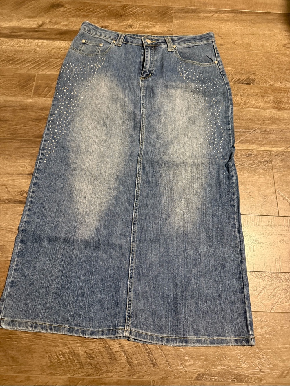 Destiny Vintage Blue Denim Maxi Skirt with Bling Stud Detail Cowgirl Y2K